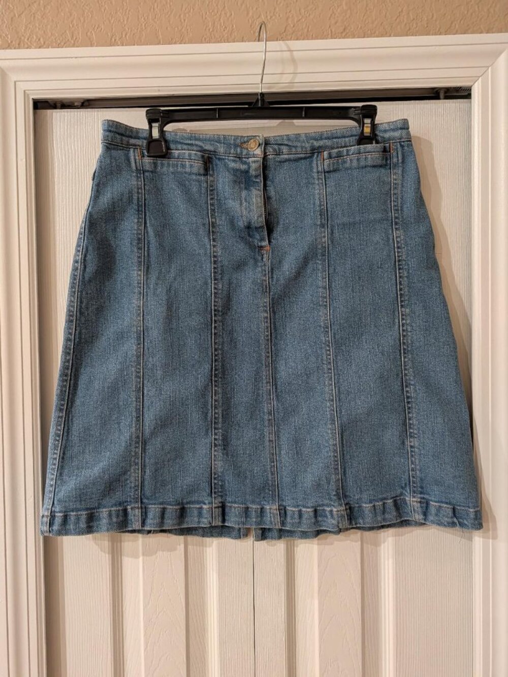 Jones Sport Stretch Womens Knee Length Blue Panel Denim Jean Skirt Size 10